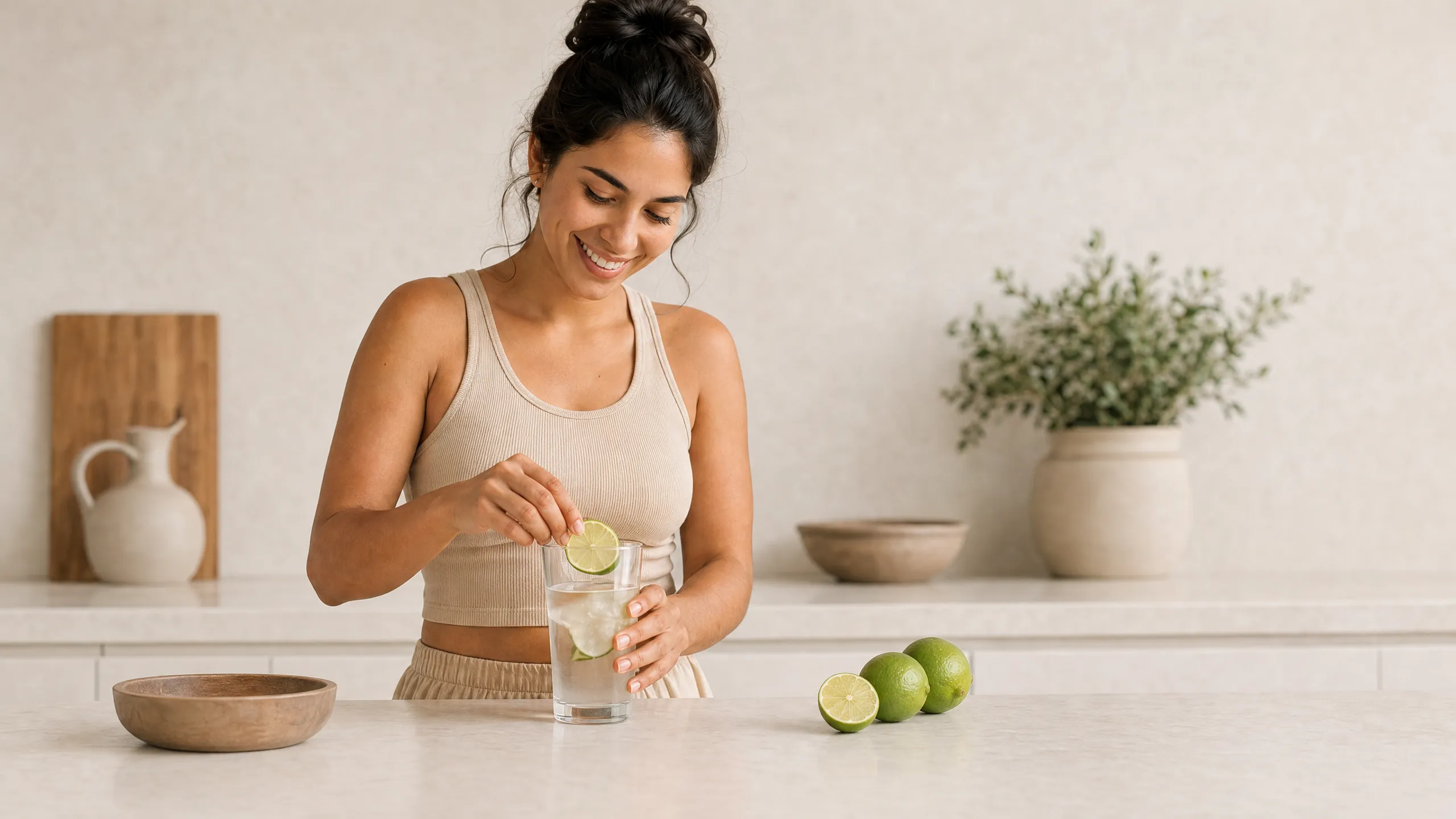 Mujer preparando agua con limón