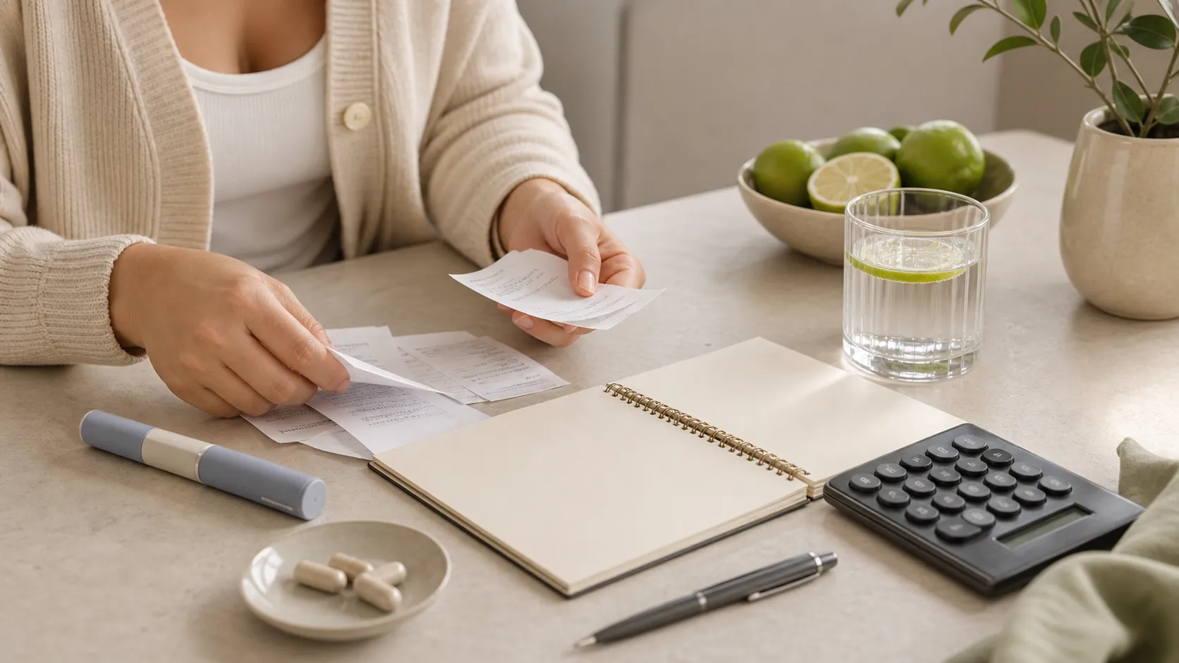 Mesa con calculadora, notas de salud y materiales educativos sobre costos de tratamiento