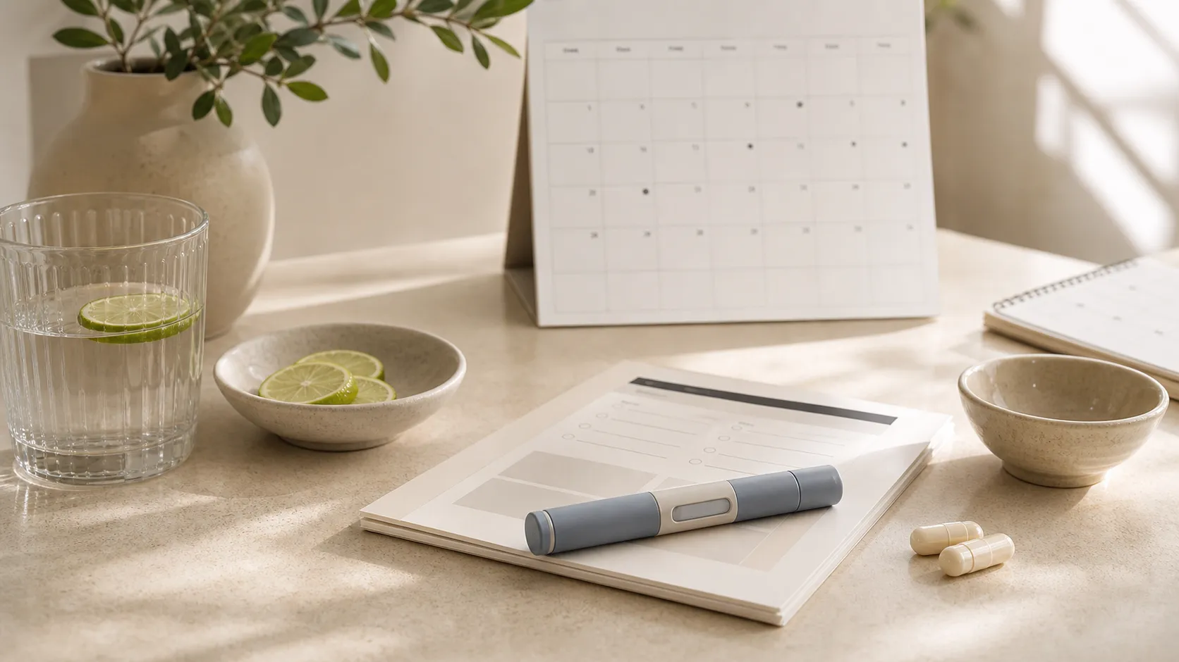 Calendario, agua con limón y pluma GLP-1 genérica sin marca sobre una mesa clara