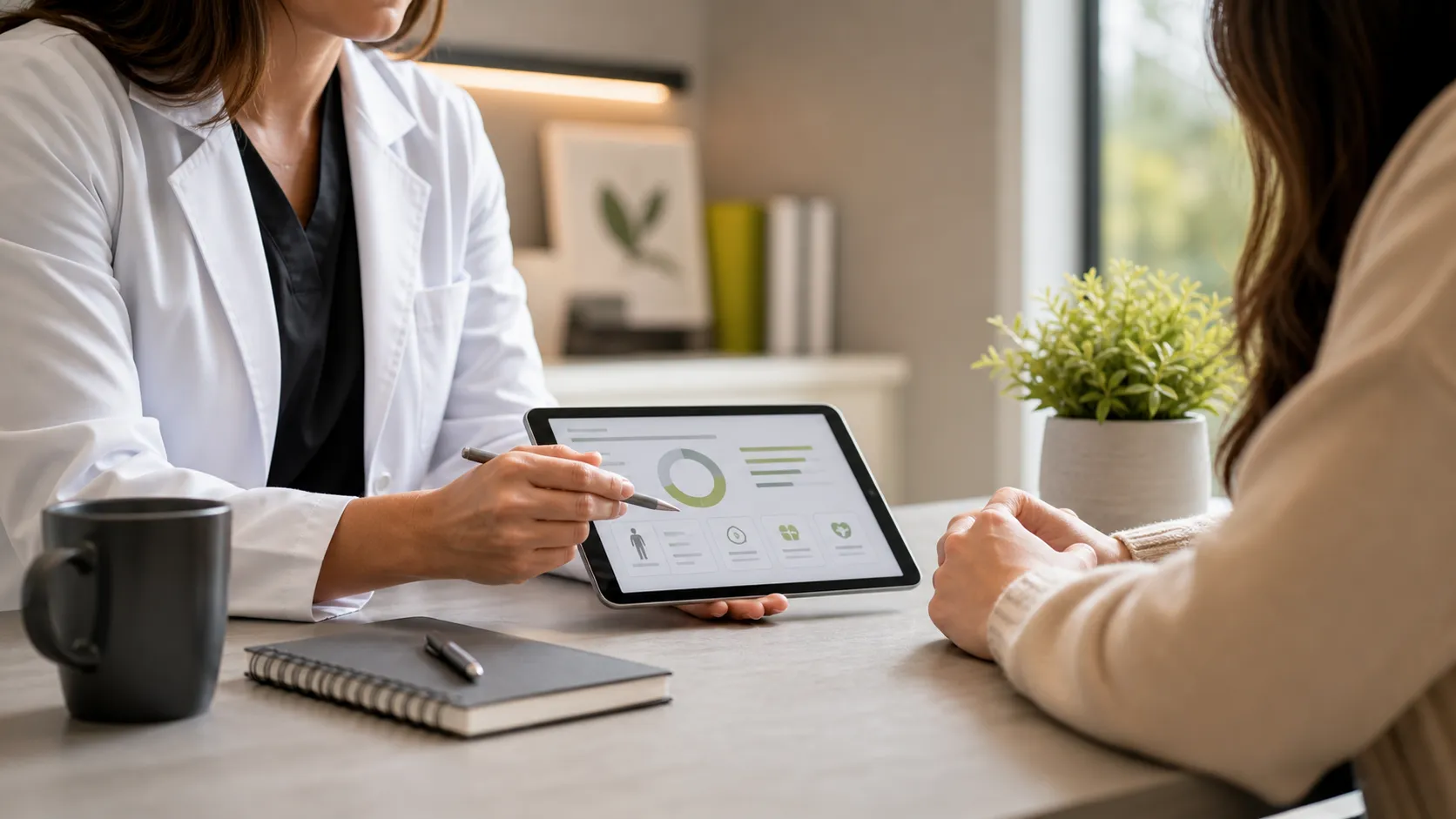 Profesional de salud revisando información en una tablet con una paciente
