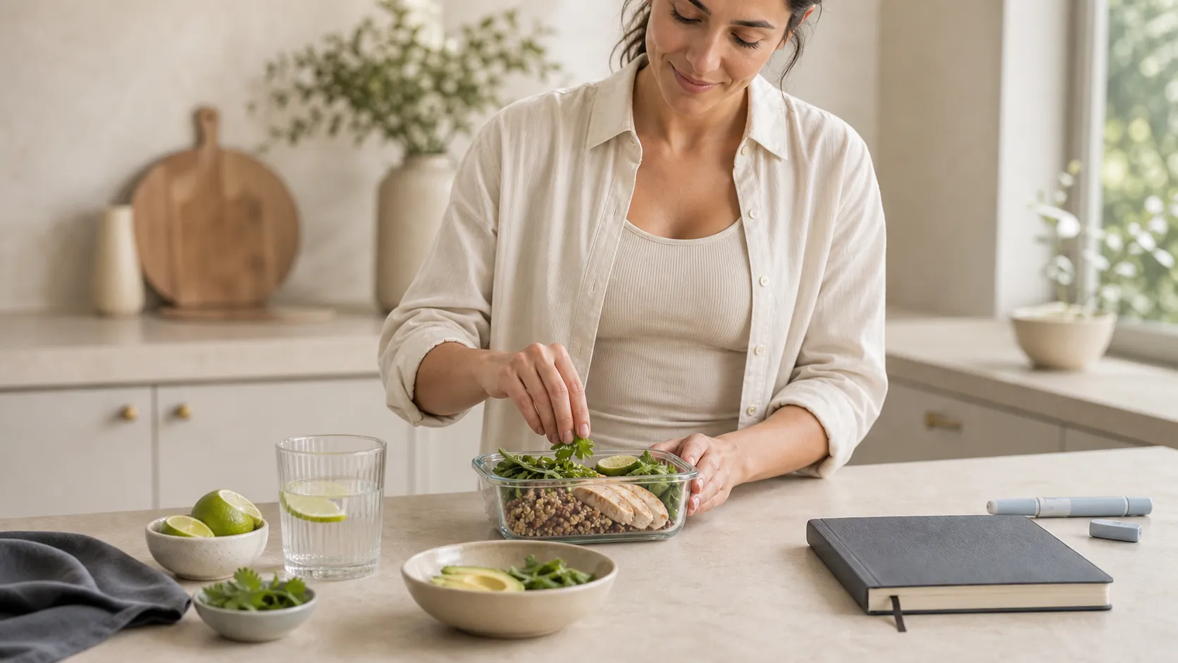 Persona preparando agua con limón y alimentos en una cocina luminosa